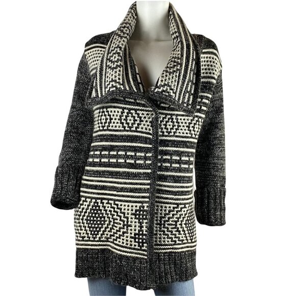 INTERMIX  Wool Blend Black & White Tribal Print Open Front Cardigan P/S - Picture 3 of 10